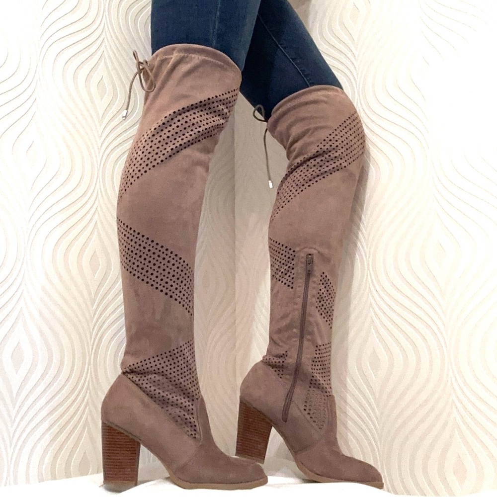 Tan Over The Knee Boot Sueded Fabric Cutouts Drawstring Tie with 3” Heel size 8